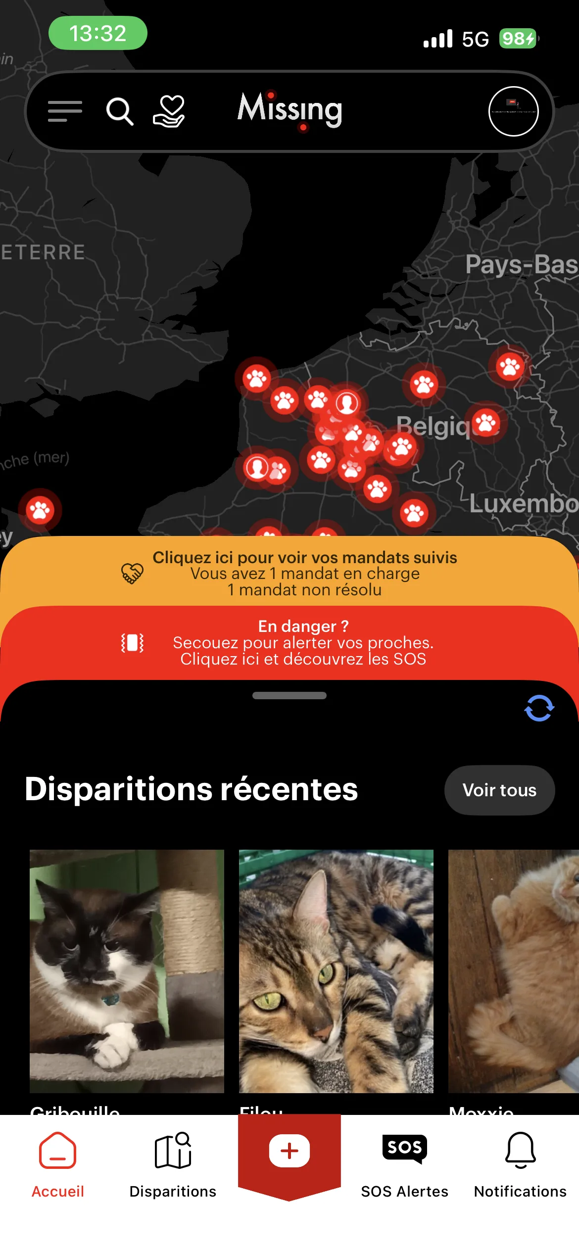 Missing — écran d'accueil avec carte des disparitions