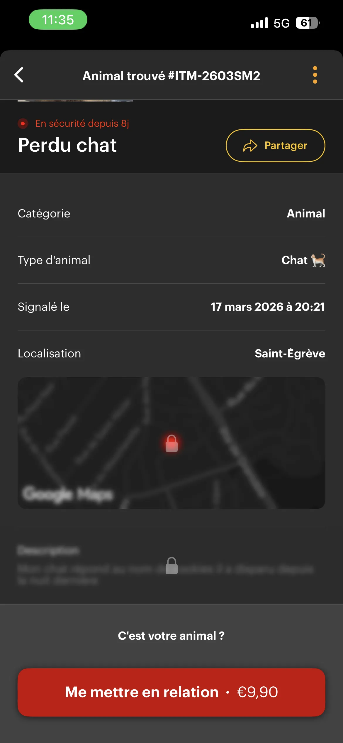 Missing — section objets trouvés avec informations floutées et mise en relation payante