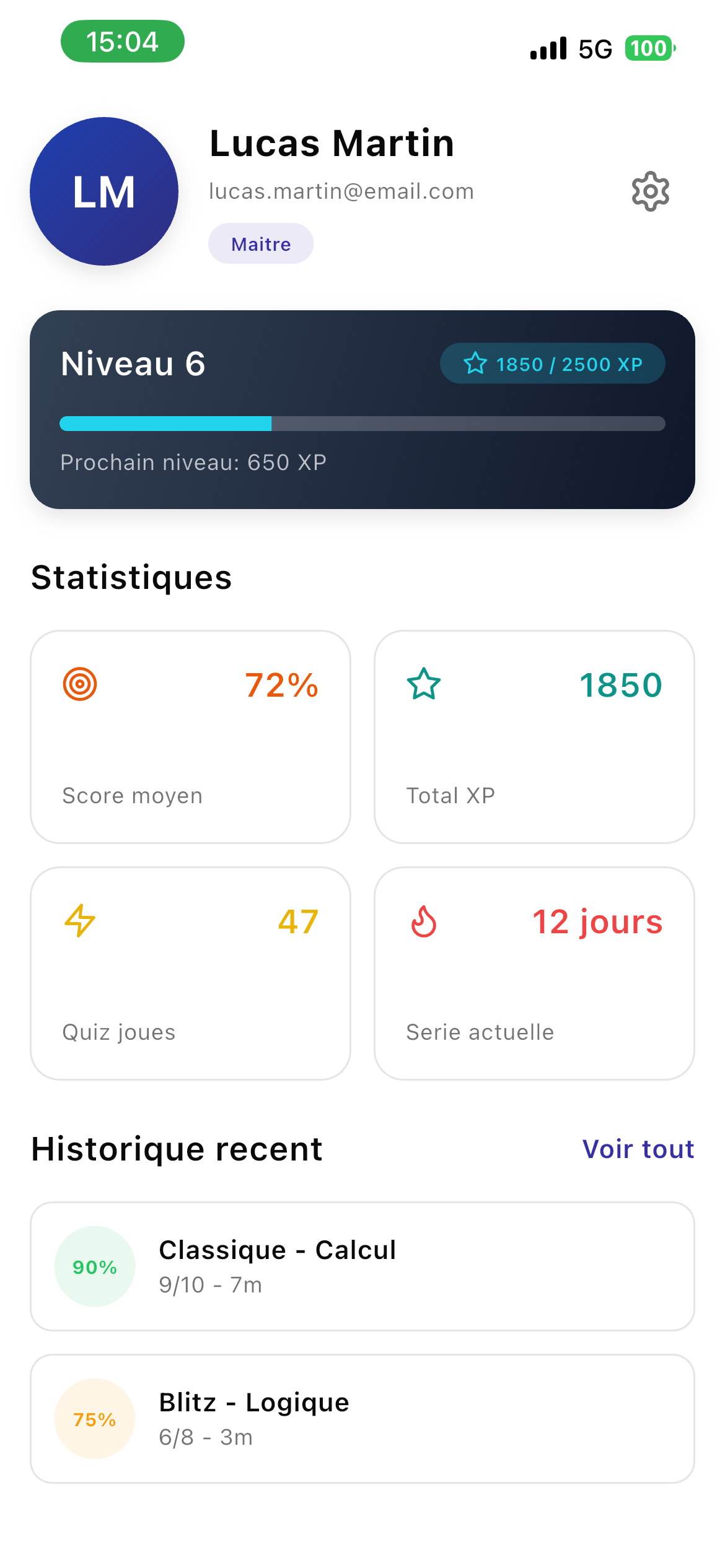 AST Blitz — profil avec XP, niveau et statistiques