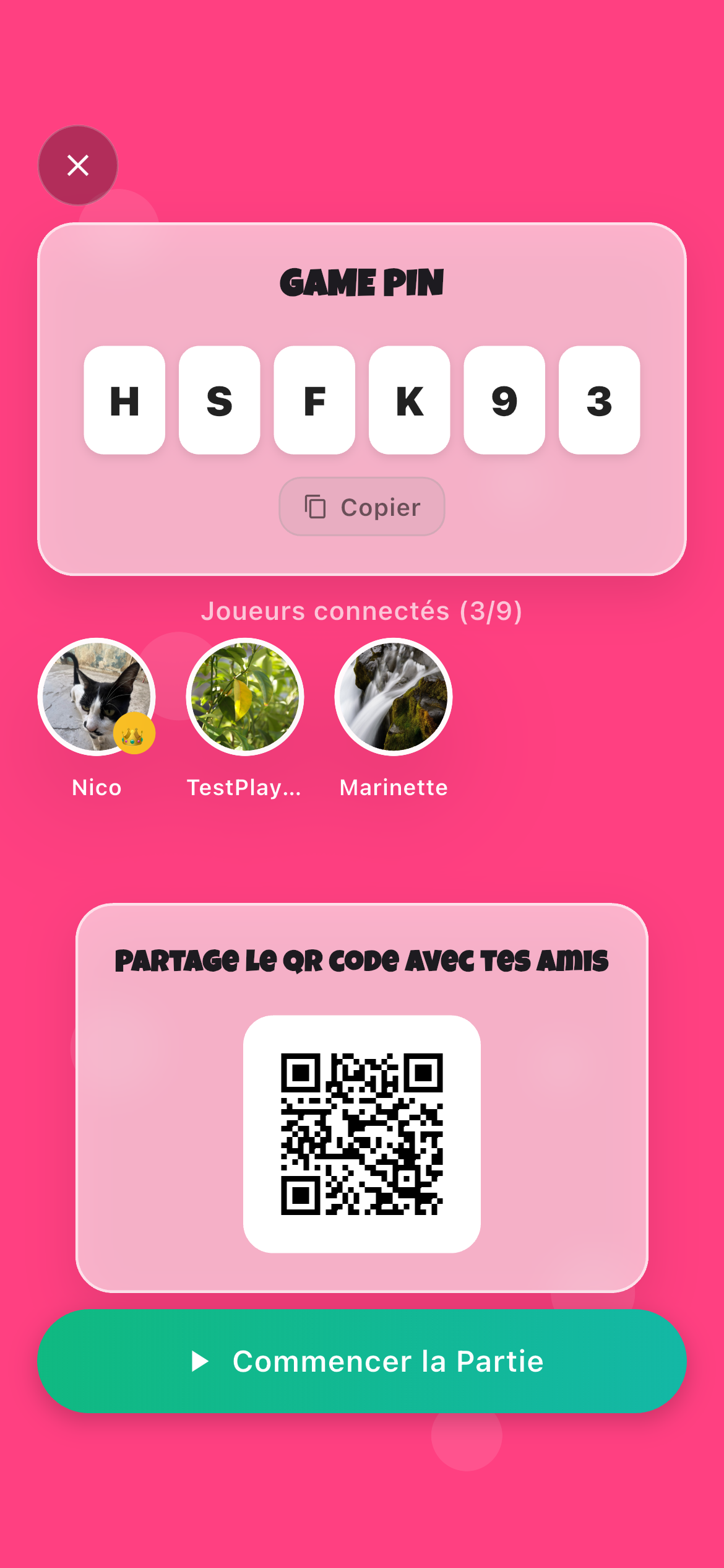 Carnage — lobby multijoueur avec code et QR