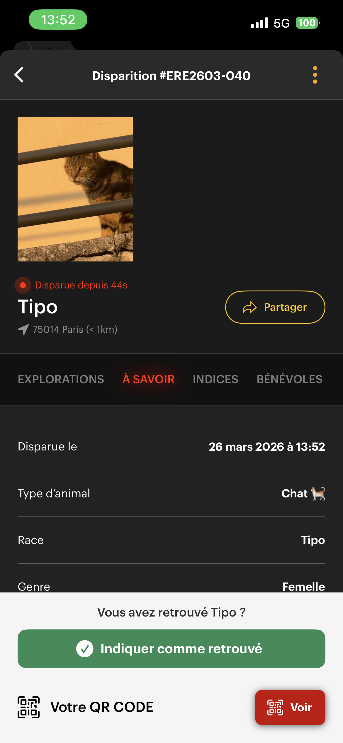 Missing — fiche de mandat avec le bouton Indiquer comme retrouvé