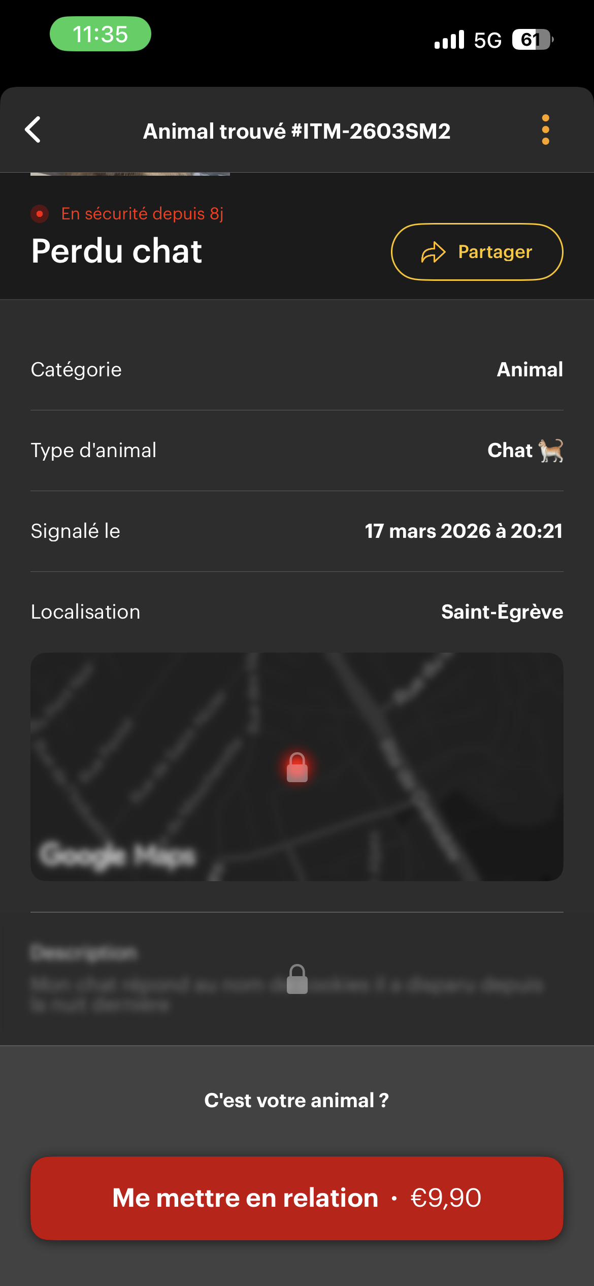 Missing — section objets trouvés avec informations floutées et mise en relation payante