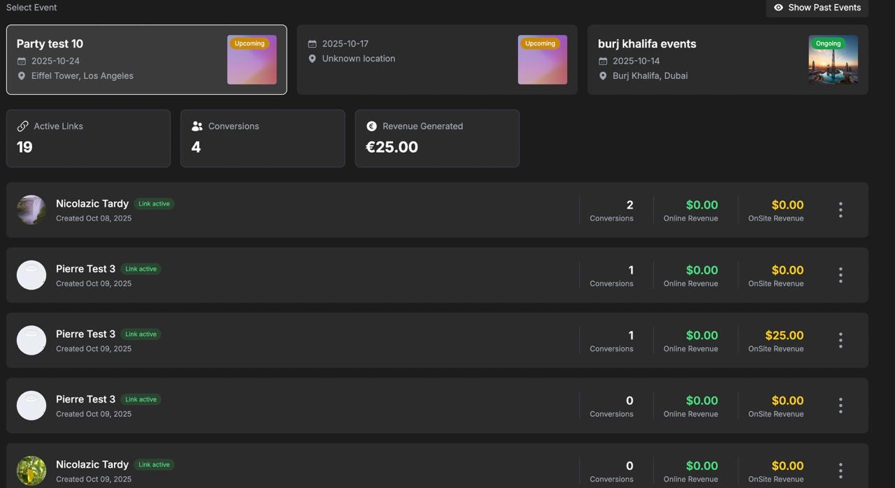 OnParty — dashboard partenaires avec suivi conversions et revenue