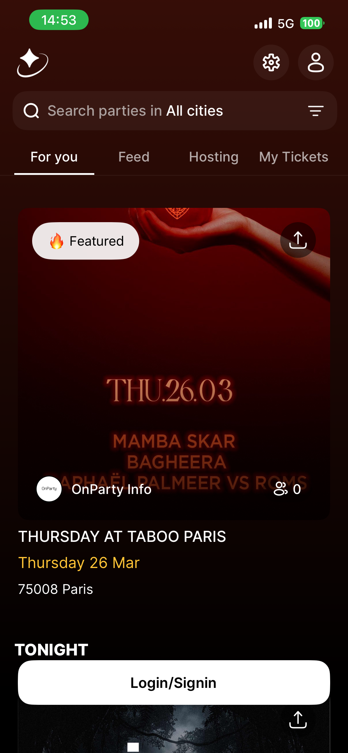 OnParty — écran d'accueil de l'application mobile